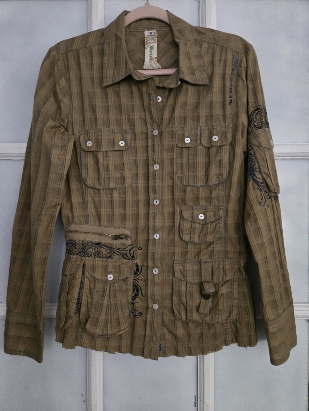 Johnny Was 3 J Workshop Embroidered Jimi Hendrix Utility Army Buttondown Small